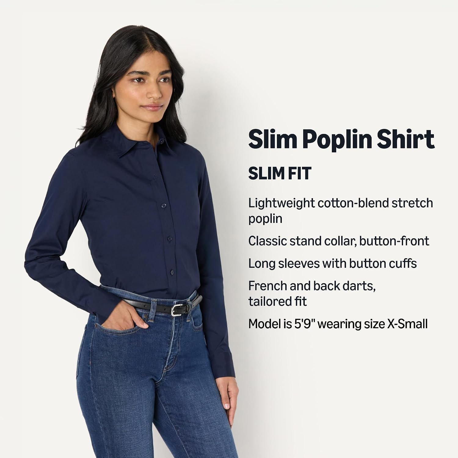 image:imageAmazon Essentials Womens Stretch Poplin ButtonUp Dress ShirtNavy