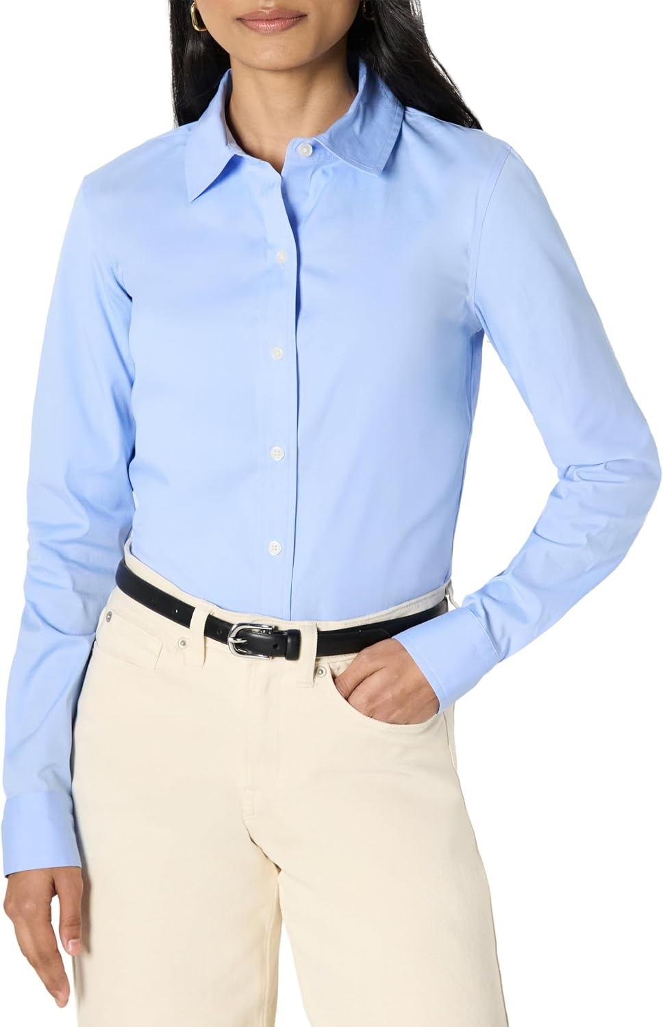 image:imageAmazon Essentials Womens Stretch Poplin ButtonUp Dress ShirtPowder Blue