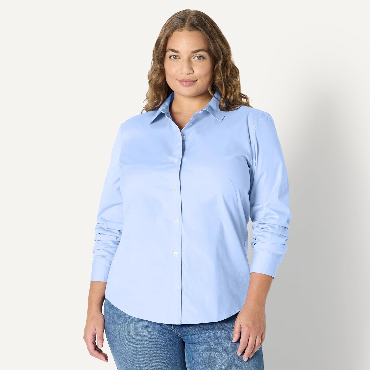 image:imageAmazon Essentials Womens Stretch Poplin ButtonUp Dress ShirtPowder Blue