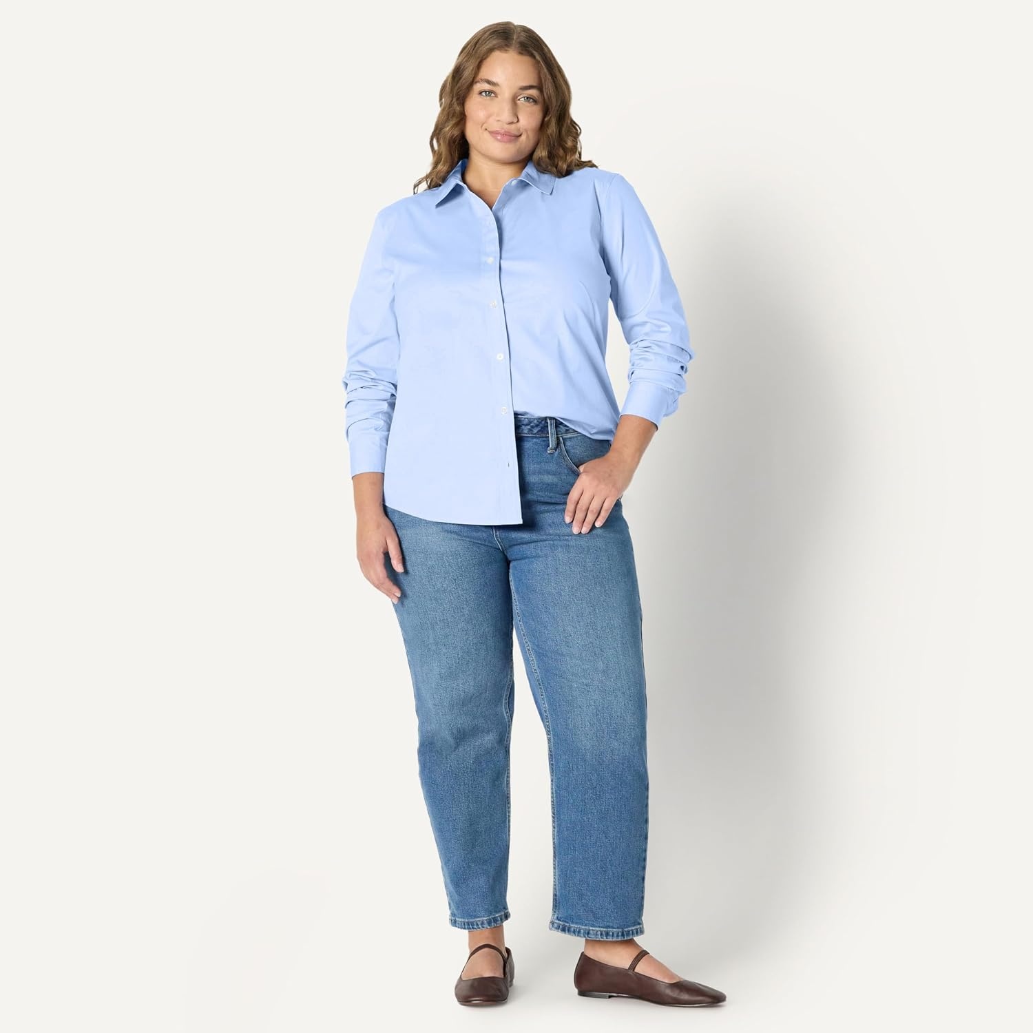 image:imageAmazon Essentials Womens Stretch Poplin ButtonUp Dress ShirtPowder Blue