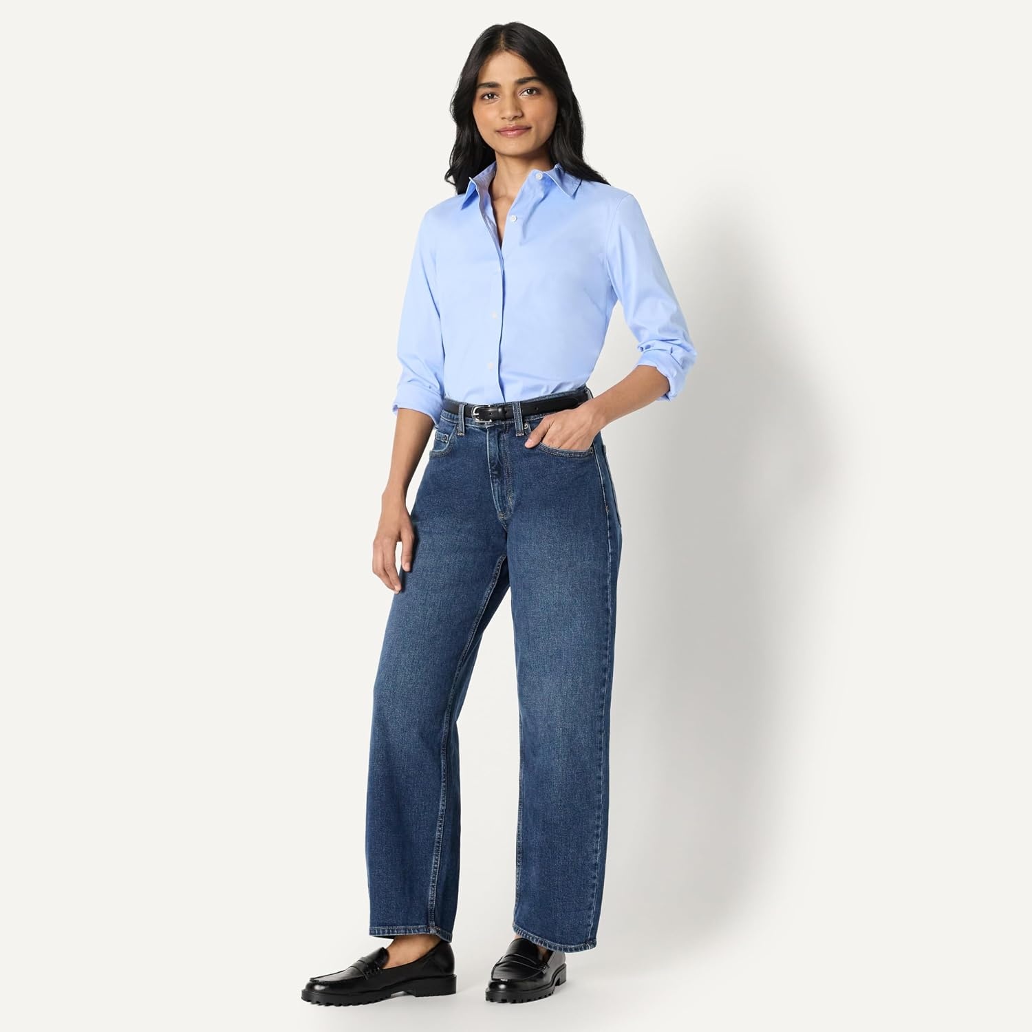image:imageAmazon Essentials Womens Stretch Poplin ButtonUp Dress ShirtPowder Blue