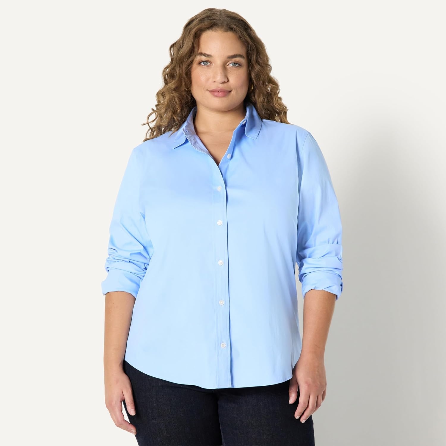 image:imageAmazon Essentials Womens Stretch Poplin ButtonUp Dress ShirtPowder Blue