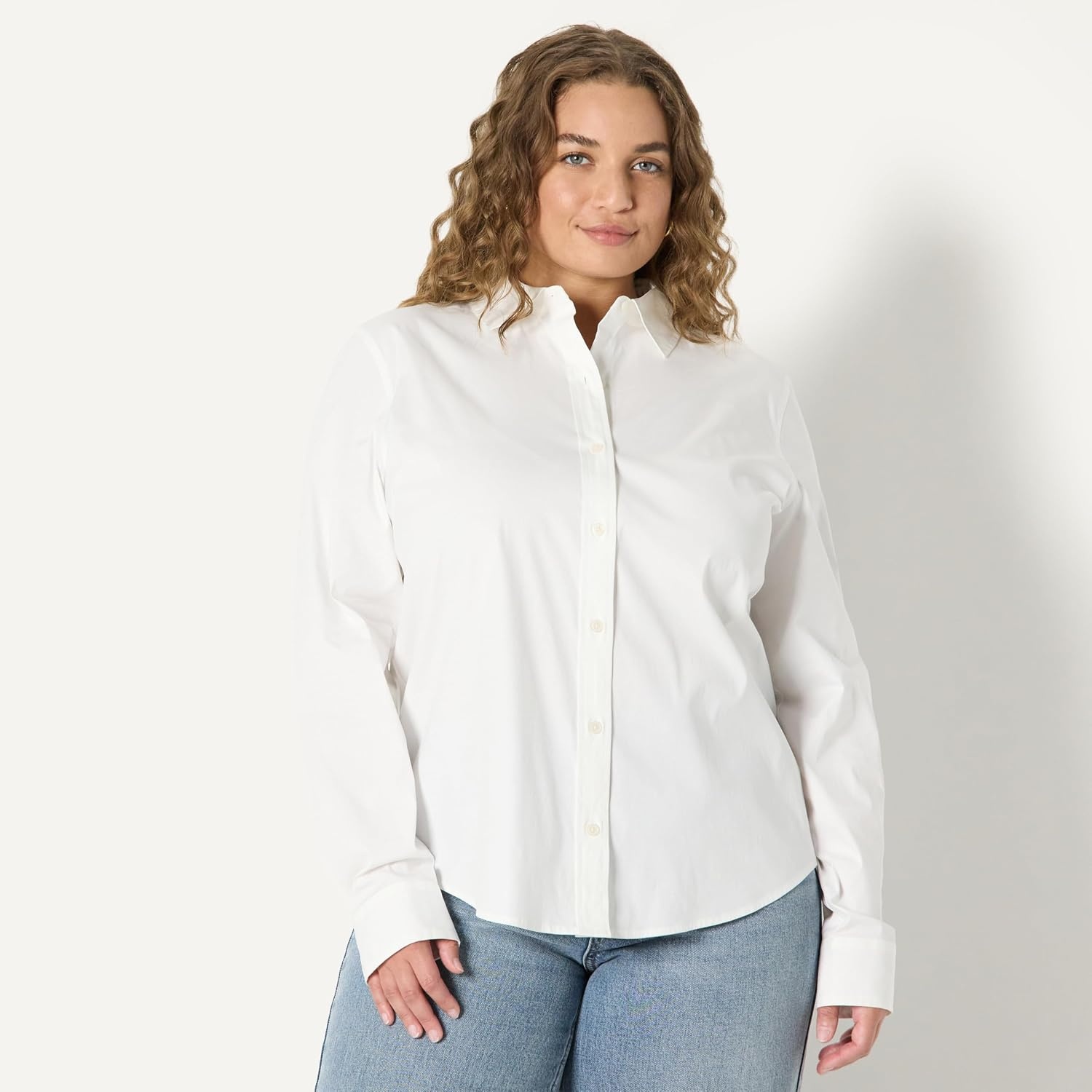 image:imageAmazon Essentials Womens Stretch Poplin ButtonUp Dress ShirtWhite