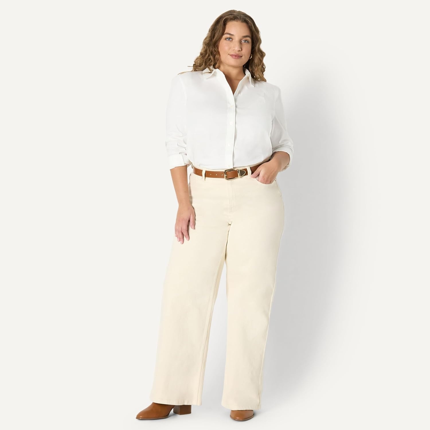 image:imageAmazon Essentials Womens Stretch Poplin ButtonUp Dress ShirtWhite