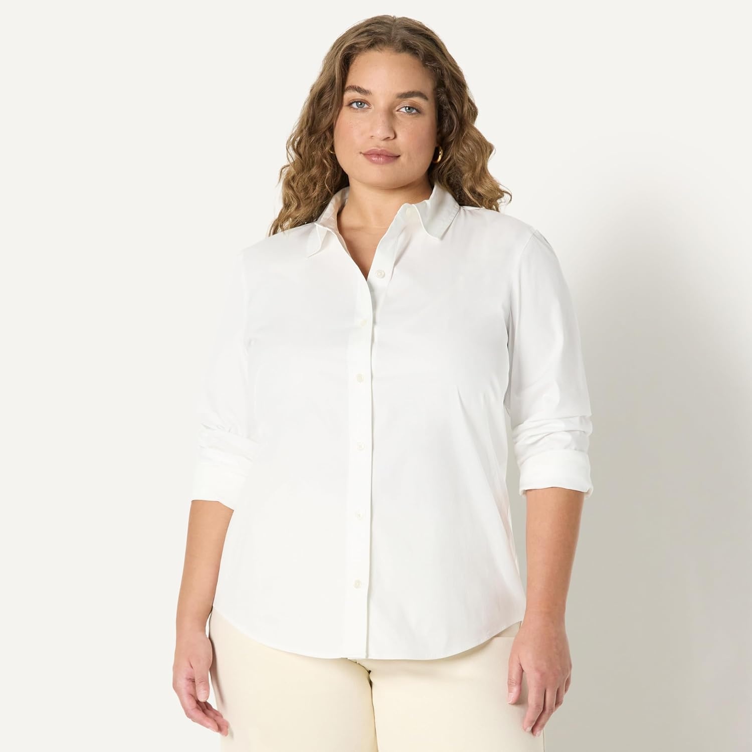 image:imageAmazon Essentials Womens Stretch Poplin ButtonUp Dress ShirtWhite