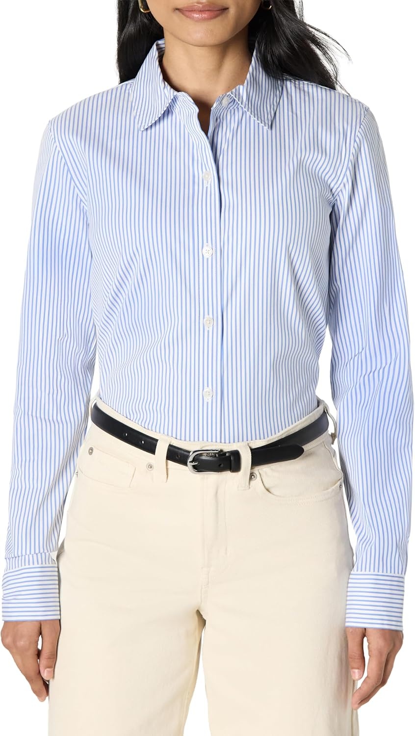 image:imageAmazon Essentials Womens Stretch Poplin ButtonUp Dress ShirtWhite Blue Mini Stripe