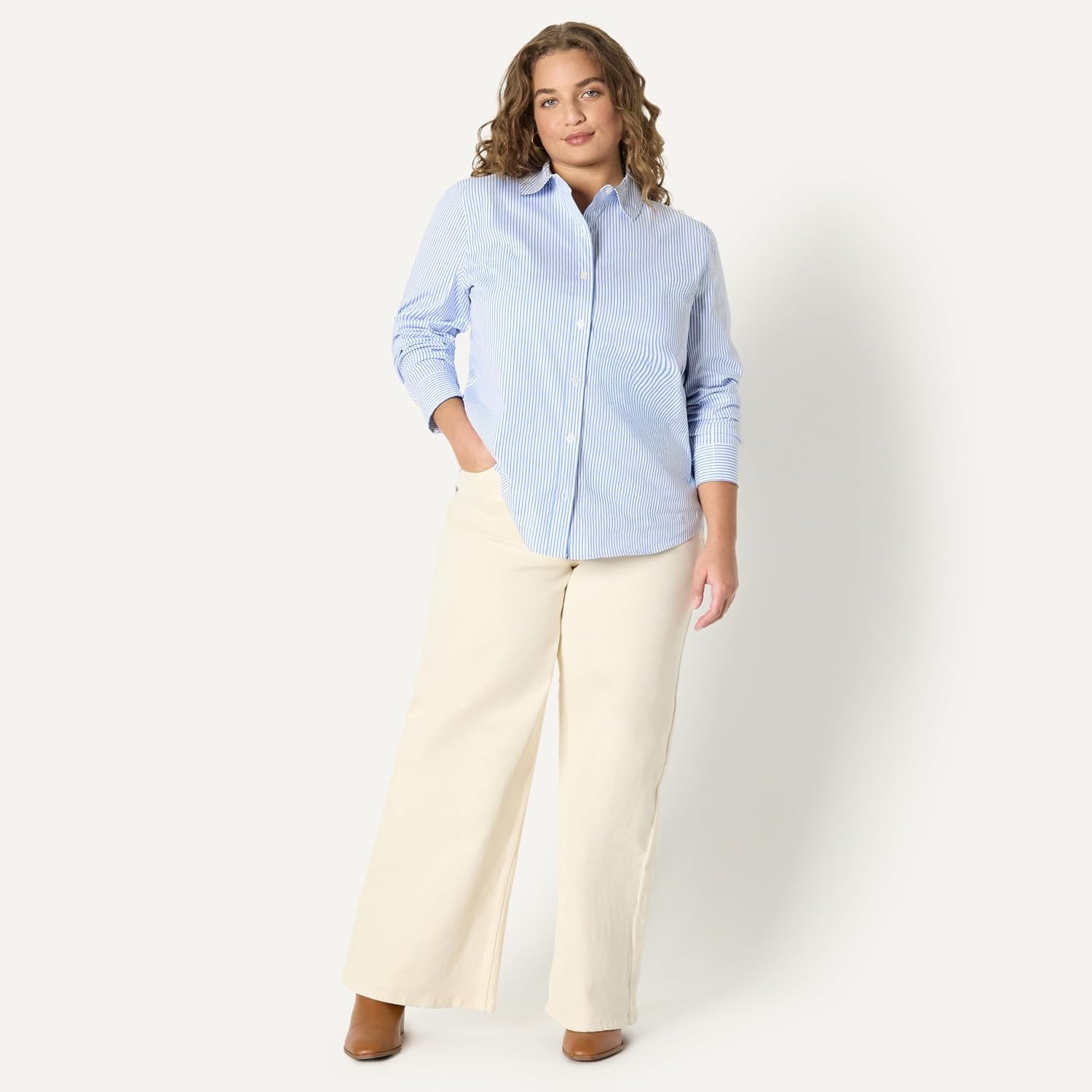 image:imageAmazon Essentials Womens Stretch Poplin ButtonUp Dress ShirtWhite Blue Mini Stripe