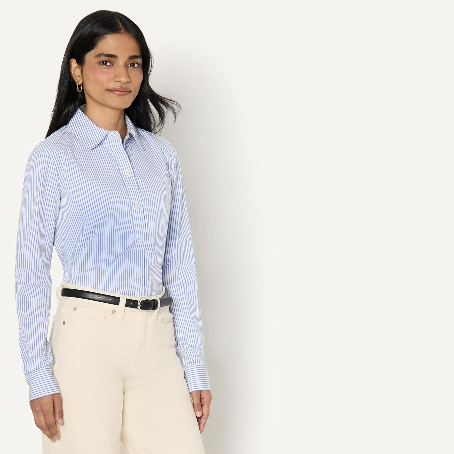 image:imageAmazon Essentials Womens Stretch Poplin ButtonUp Dress ShirtWhite Blue Mini Stripe