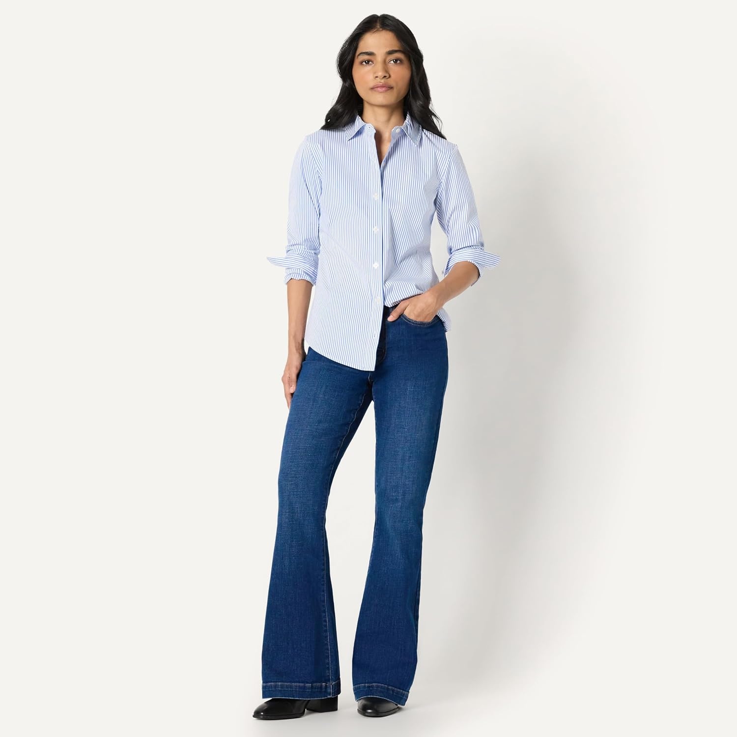 image:imageAmazon Essentials Womens Stretch Poplin ButtonUp Dress ShirtWhite Blue Mini Stripe