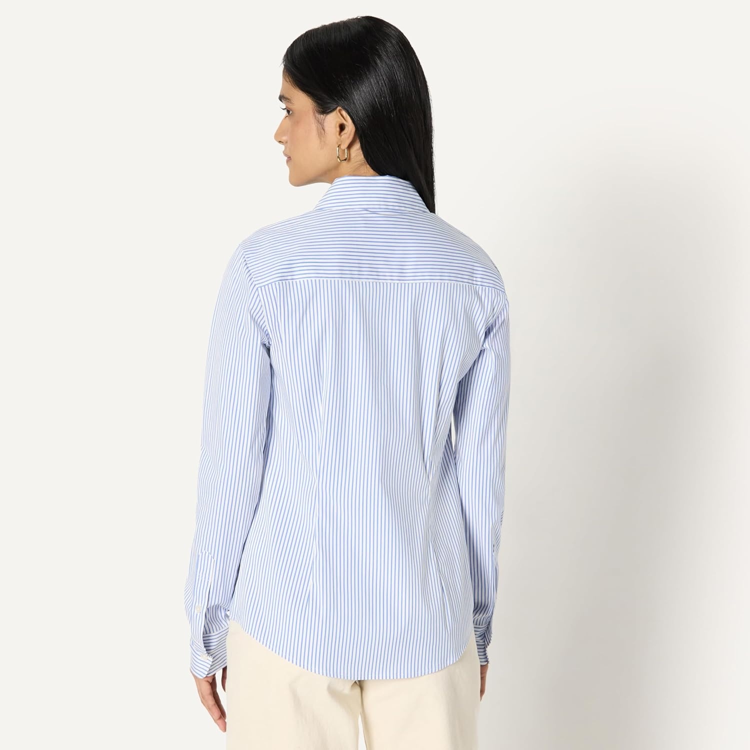image:imageAmazon Essentials Womens Stretch Poplin ButtonUp Dress ShirtWhite Blue Mini Stripe