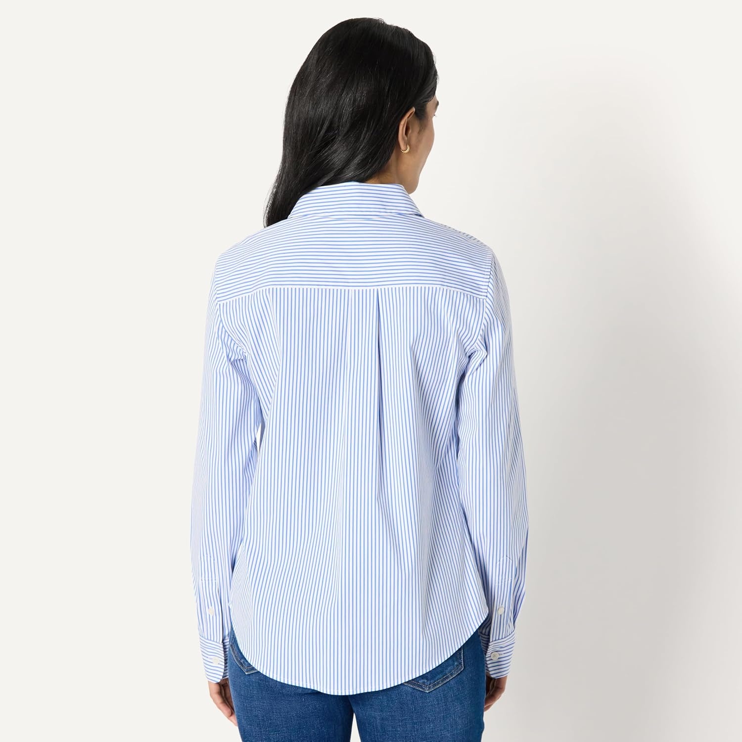 image:imageAmazon Essentials Womens Stretch Poplin ButtonUp Dress ShirtWhite Blue Mini Stripe