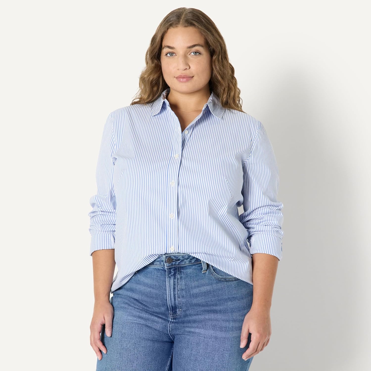 image:imageAmazon Essentials Womens Stretch Poplin ButtonUp Dress ShirtWhite Blue Mini Stripe