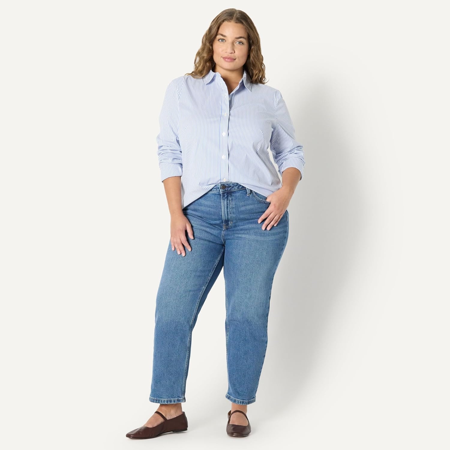 image:imageAmazon Essentials Womens Stretch Poplin ButtonUp Dress ShirtWhite Blue Mini Stripe