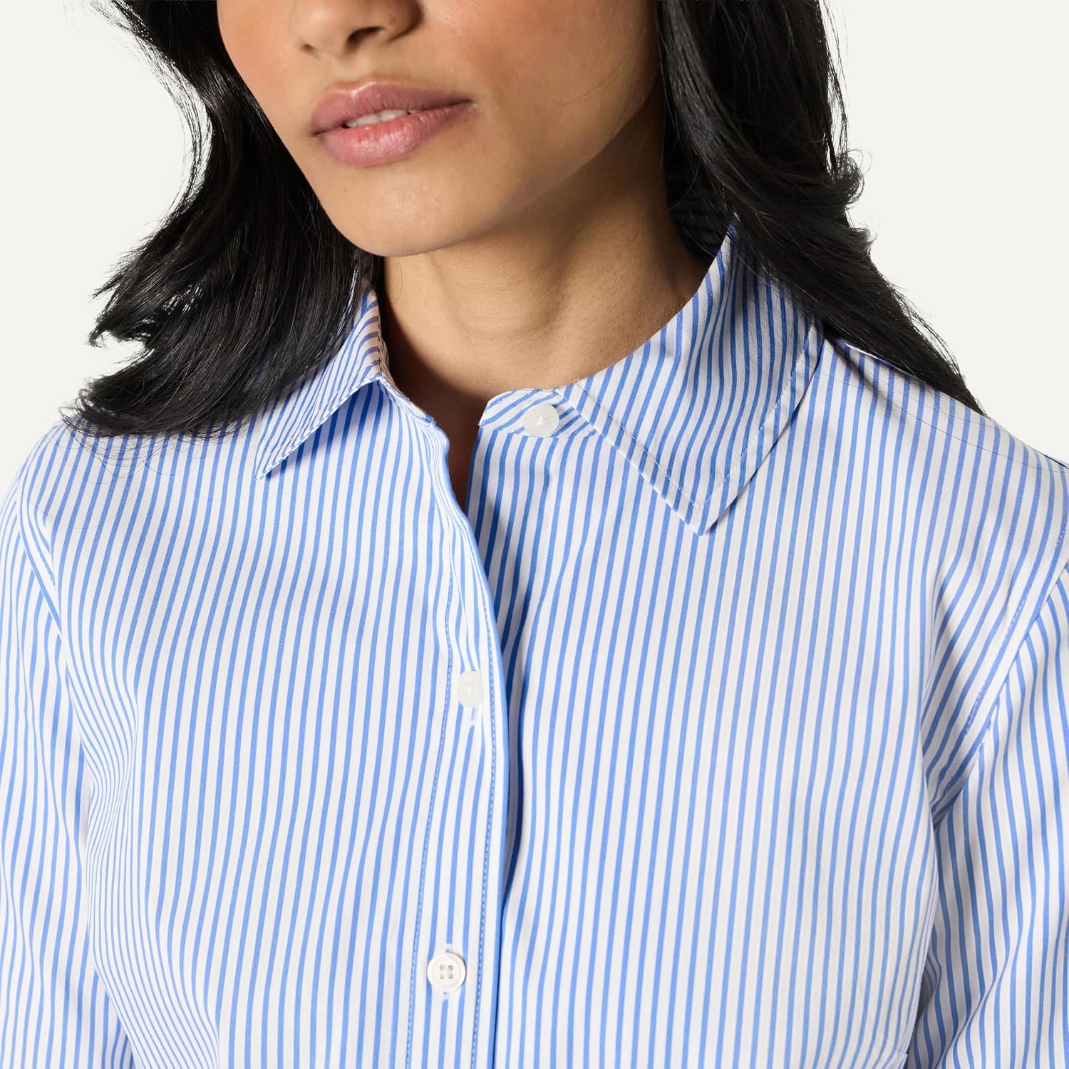 image:imageAmazon Essentials Womens Stretch Poplin ButtonUp Dress ShirtWhite Blue Mini Stripe