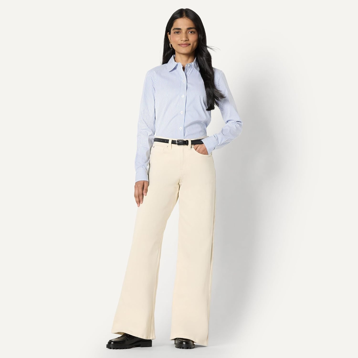image:imageAmazon Essentials Womens Stretch Poplin ButtonUp Dress ShirtWhite Blue Mini Stripe
