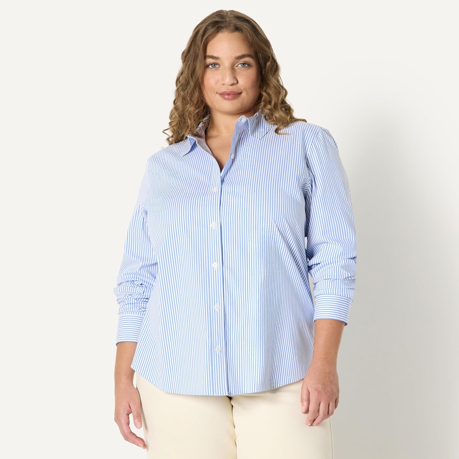 image:imageAmazon Essentials Womens Stretch Poplin ButtonUp Dress ShirtWhite Blue Mini Stripe