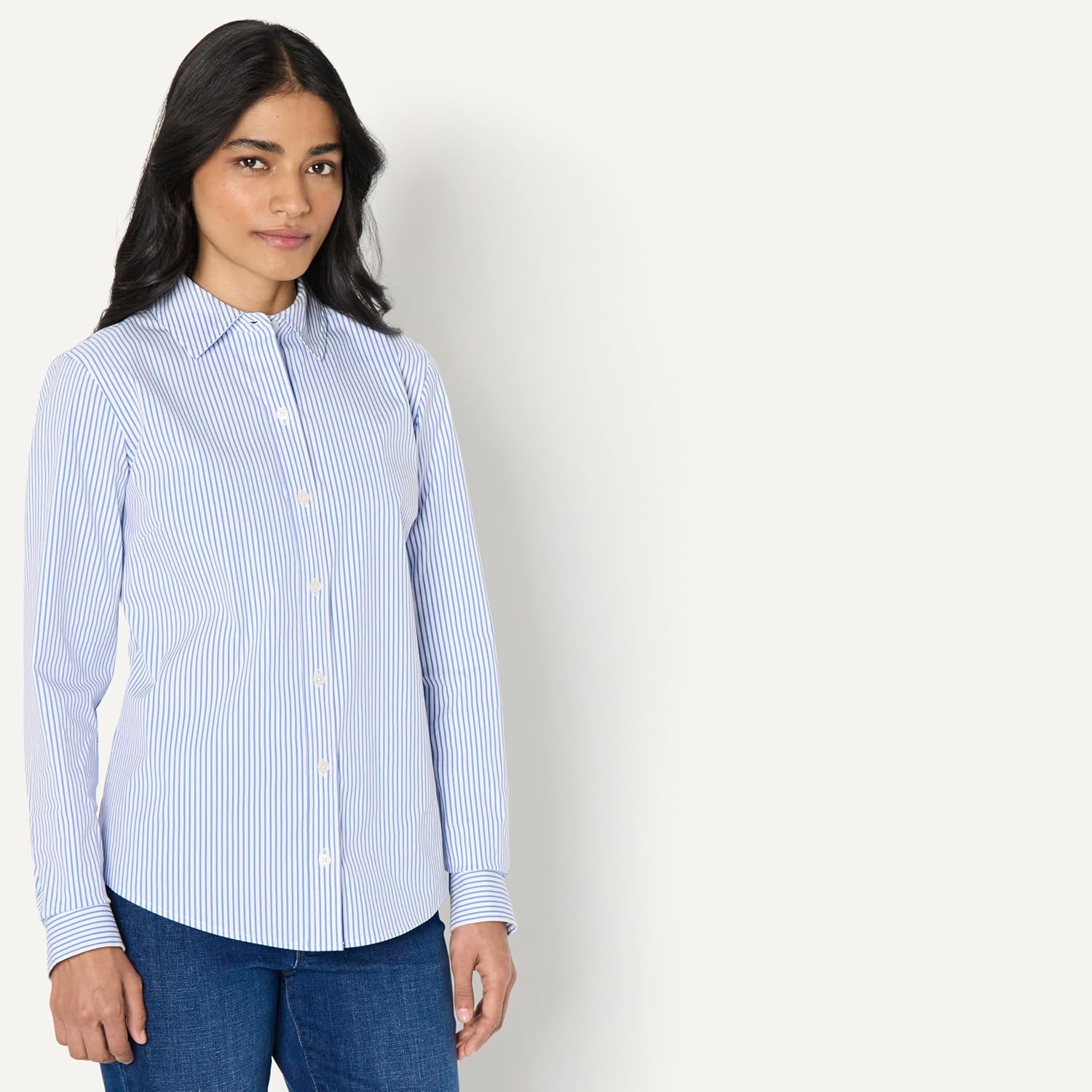 image:imageAmazon Essentials Womens Stretch Poplin ButtonUp Dress ShirtWhite Blue Mini Stripe