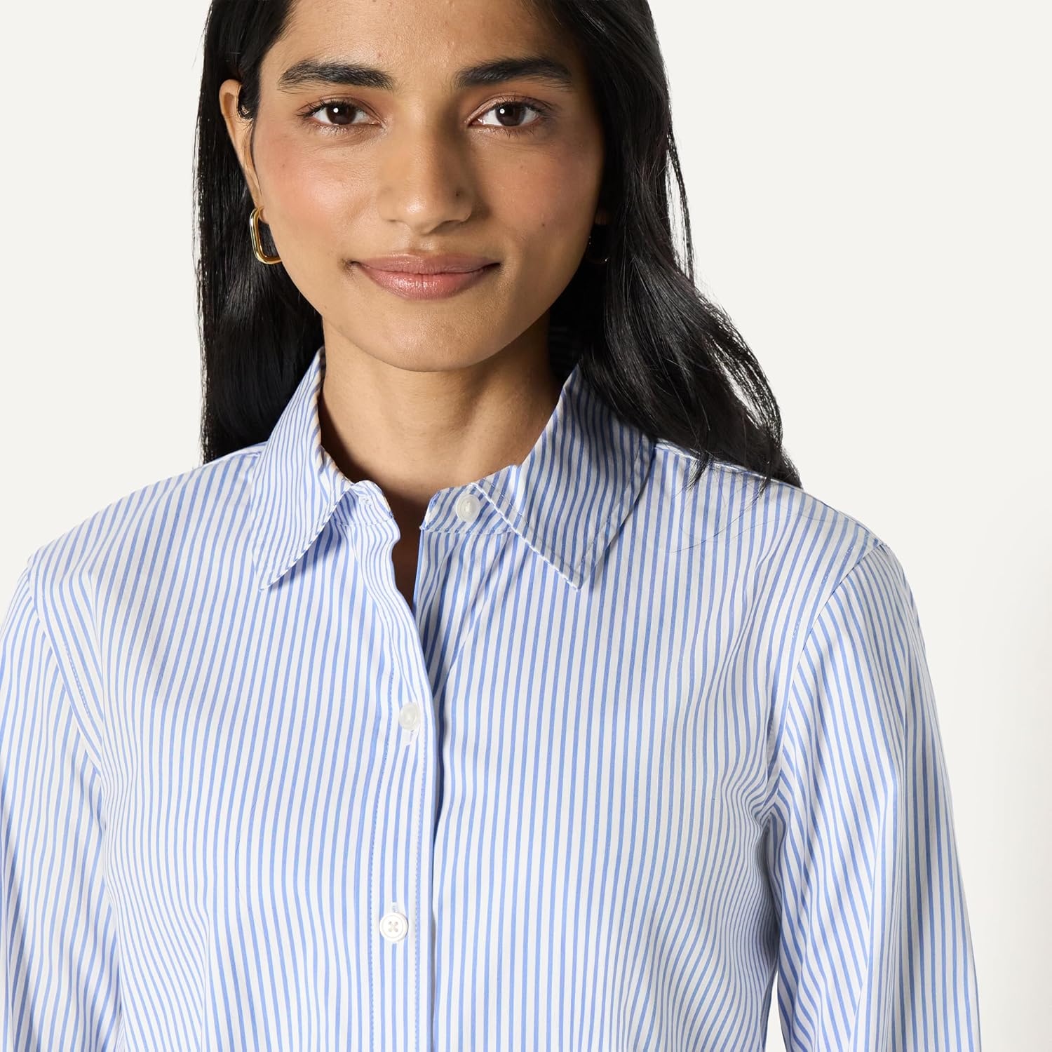image:imageAmazon Essentials Womens Stretch Poplin ButtonUp Dress ShirtWhite Blue Mini Stripe