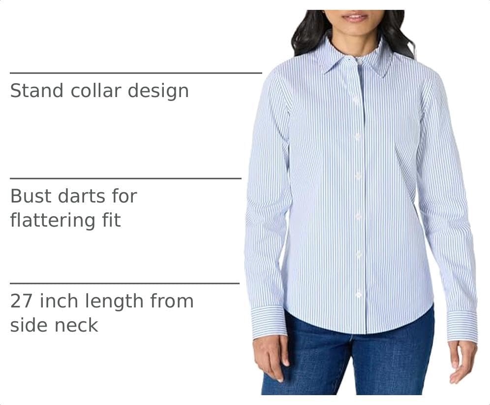 image:imageAmazon Essentials Womens Stretch Poplin ButtonUp Dress ShirtWhite Blue Mini Stripe