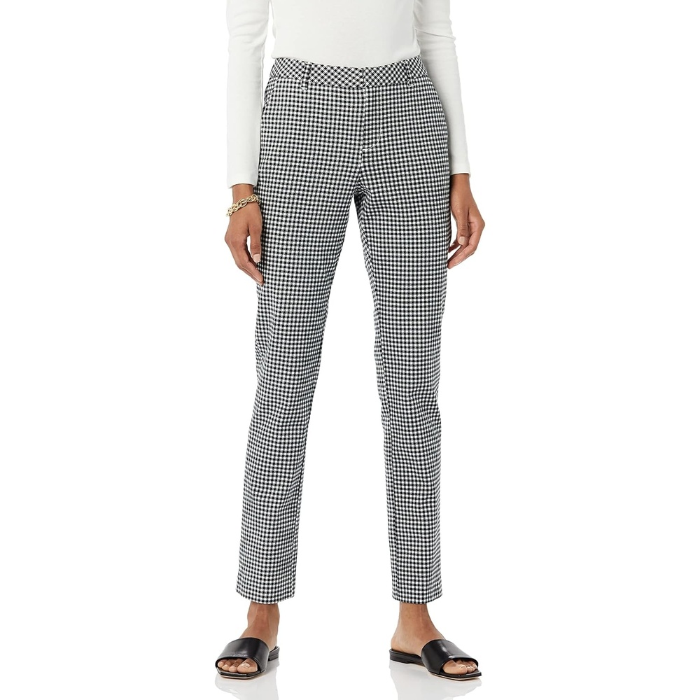 image:imageAmazon Essentials Womens BiStretch Full Length Straight Leg PantWhite Gingham