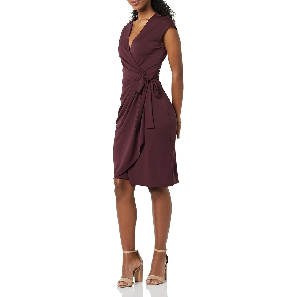 image:imageAmazon Essentials Womens Classic Cap Sleeve Wrap Dress with V Neck Pleated Waist Available in Plus SizeBurgundy
