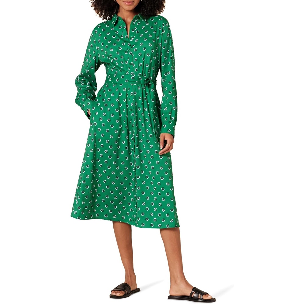 image:imageAmazon Essentials Womens Georgette Long Sleeve Midi Length Shirt DressGreen Tossed Floral