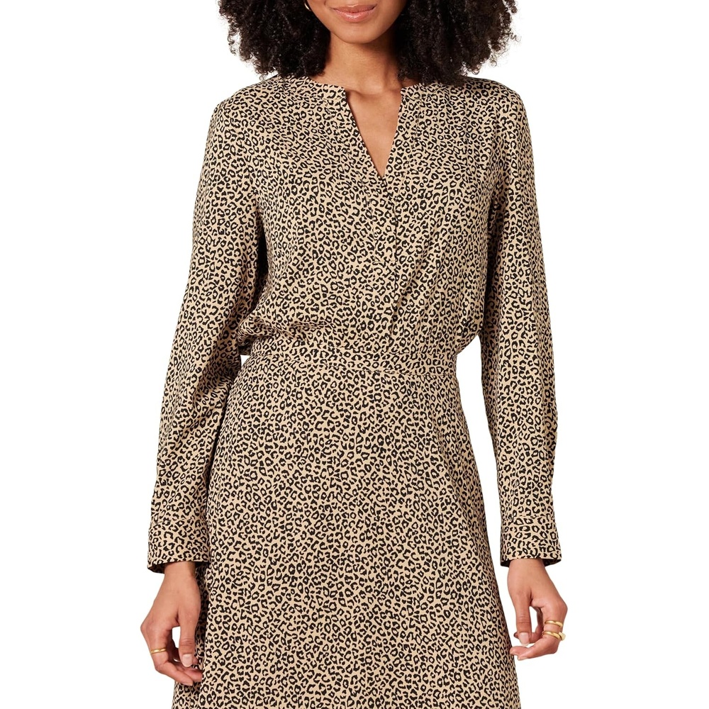 image:imageAmazon Essentials Womens Georgette Long Sleeve RelaxedFit Popover Blouse Business Casual Dress Blouses for Office WorkTaupe Leopard