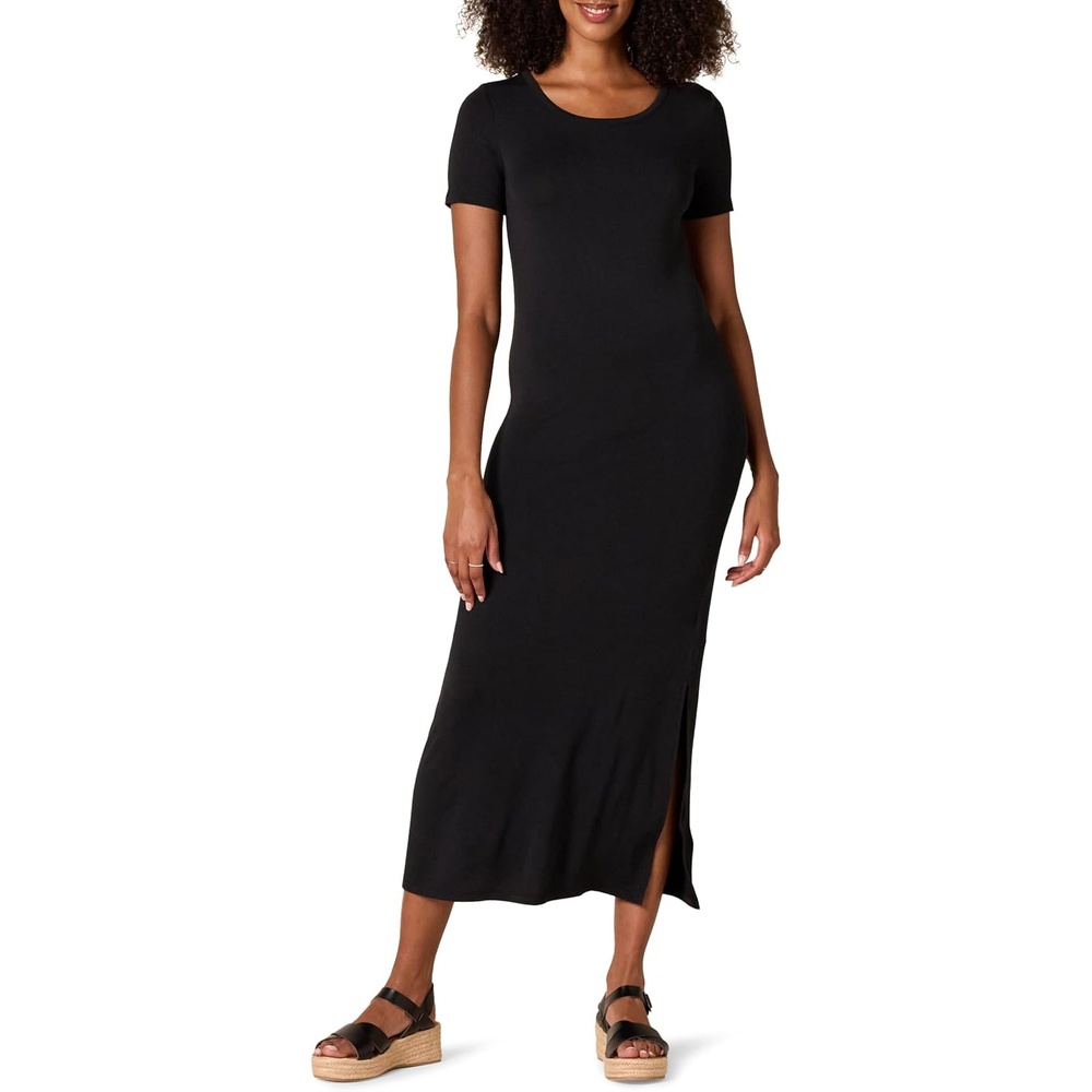 image:imageAmazon Essentials Womens Jersey StandardFit ShortSleeve Crewneck Side Slit Maxi DressBlack