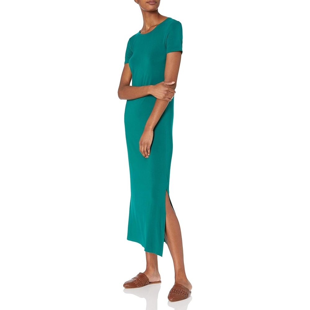 image:imageAmazon Essentials Womens Jersey StandardFit ShortSleeve Crewneck Side Slit Maxi DressDark Emerald Green