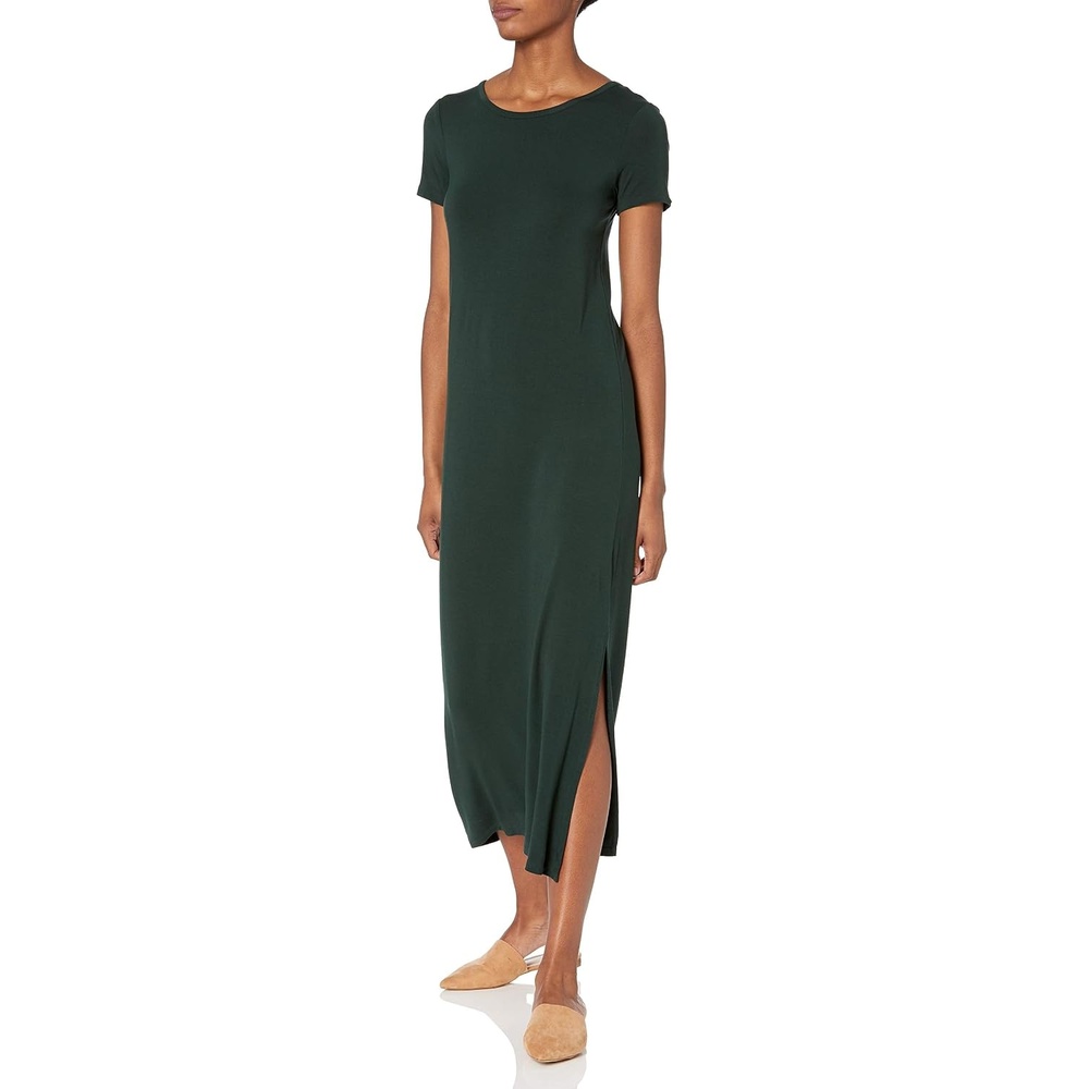 image:imageAmazon Essentials Womens Jersey StandardFit ShortSleeve Crewneck Side Slit Maxi DressDeep Green