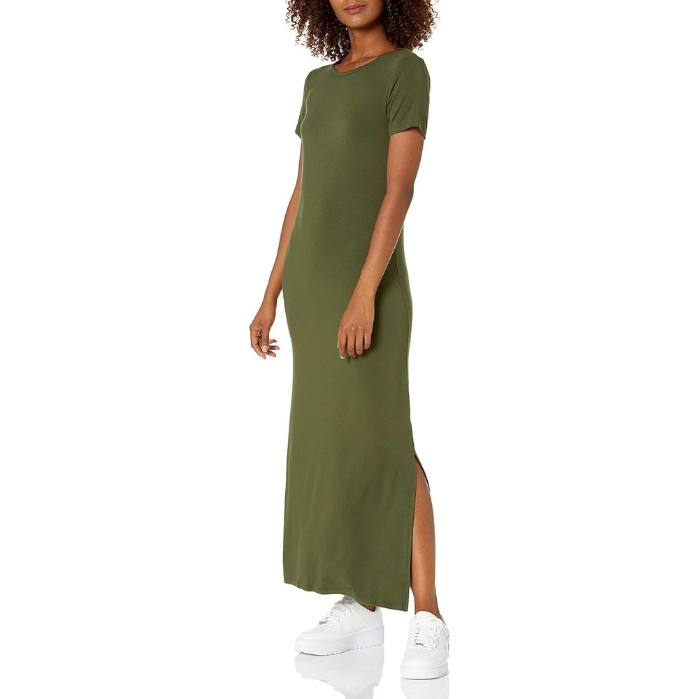 image:imageAmazon Essentials Womens Jersey StandardFit ShortSleeve Crewneck Side Slit Maxi DressForest Green