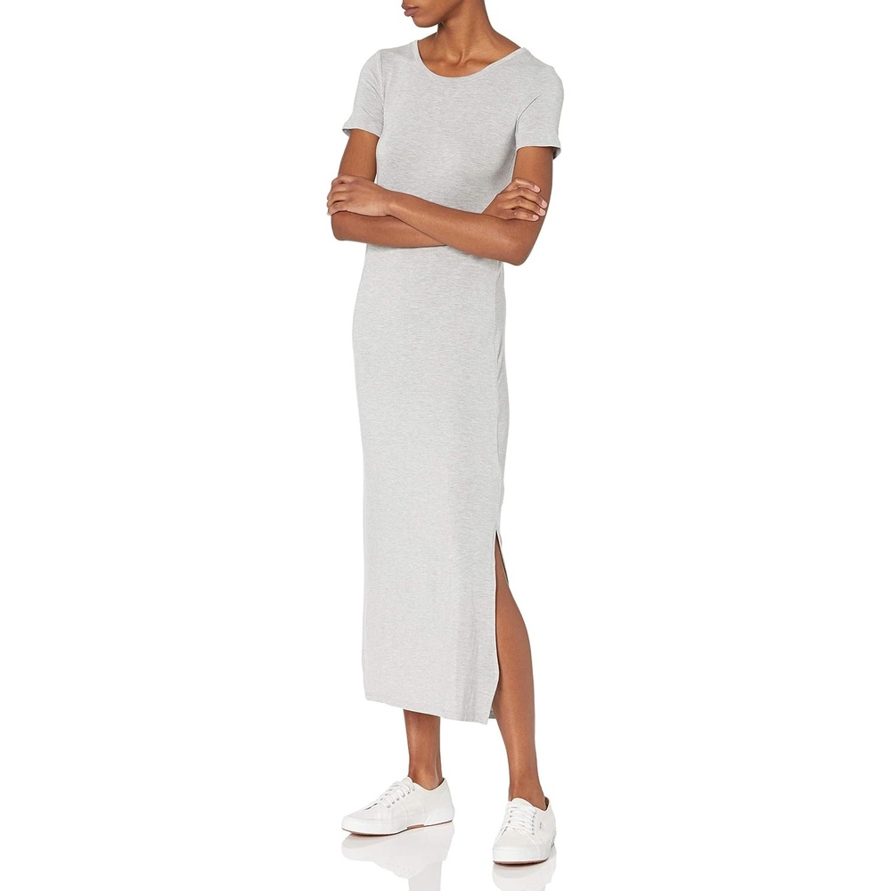 image:imageAmazon Essentials Womens Jersey StandardFit ShortSleeve Crewneck Side Slit Maxi DressGrey Heather