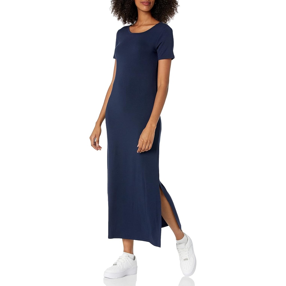 image:imageAmazon Essentials Womens Jersey StandardFit ShortSleeve Crewneck Side Slit Maxi DressNavy