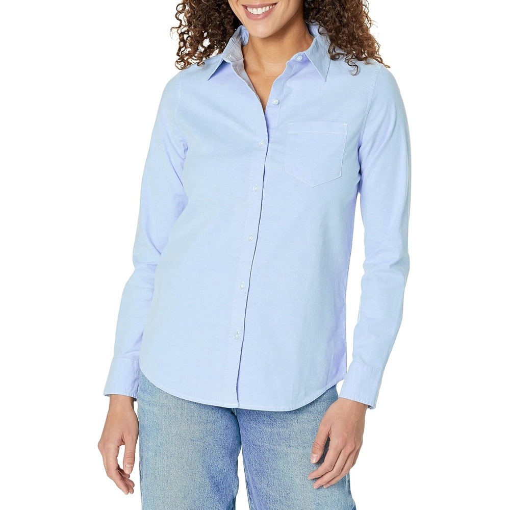 image:imageAmazon Essentials Womens Long Sleeve Button Down Stretch Oxford Shirt Available in Plus SizeBlue