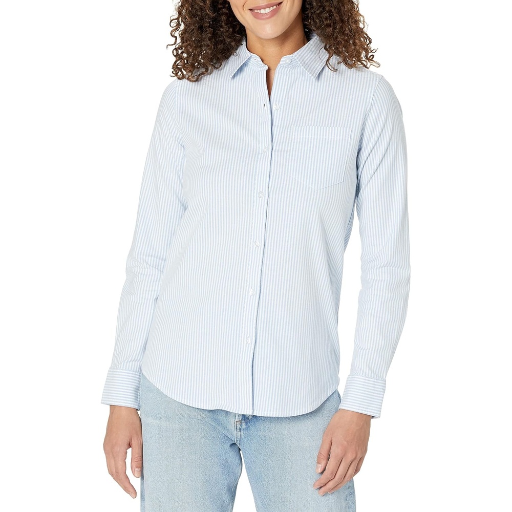 image:imageAmazon Essentials Womens Long Sleeve Button Down Stretch Oxford Shirt Available in Plus SizeBlue White Vertical Stripe