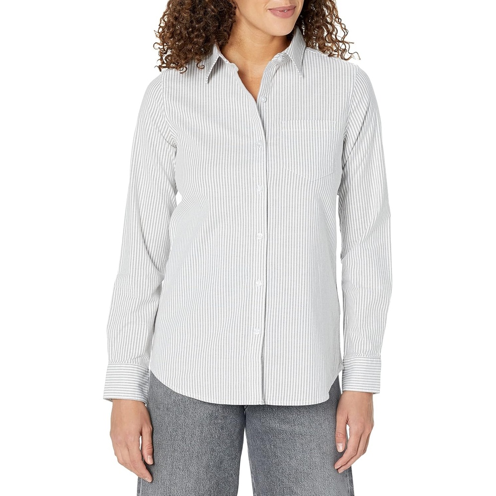 image:imageAmazon Essentials Womens Long Sleeve Button Down Stretch Oxford Shirt Available in Plus SizeGrey Stripe