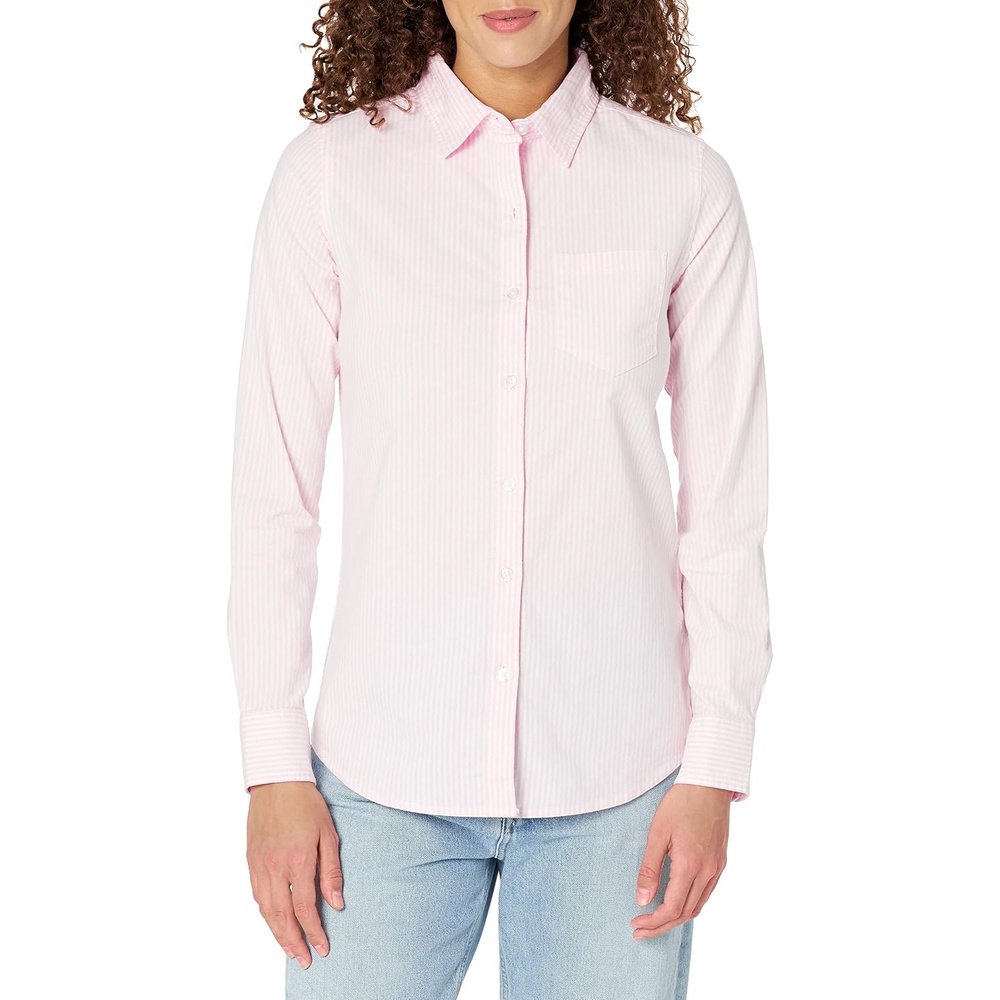 image:imageAmazon Essentials Womens Long Sleeve Button Down Stretch Oxford Shirt Available in Plus SizeLight Pink White Stripe