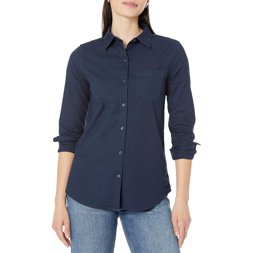 image:imageAmazon Essentials Womens Long Sleeve Button Down Stretch Oxford Shirt Available in Plus SizeNavy