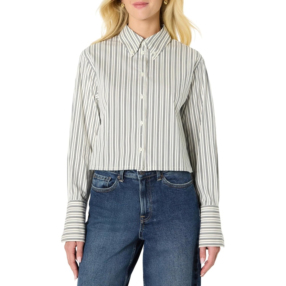 image:imageAmazon Essentials Womens OversizedFit Cropped Cotton Stretch Poplin ButtonDown ShirtIvory Black Stripe