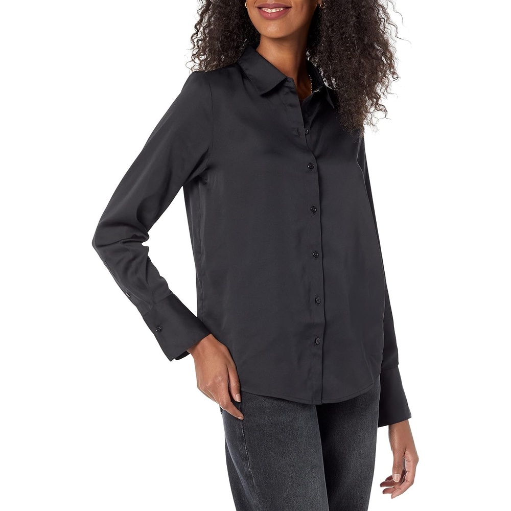image:imageAmazon Essentials Womens RegularFit Long Sleeve Satin Button Down Blouse Dressy Collared ShirtBlack