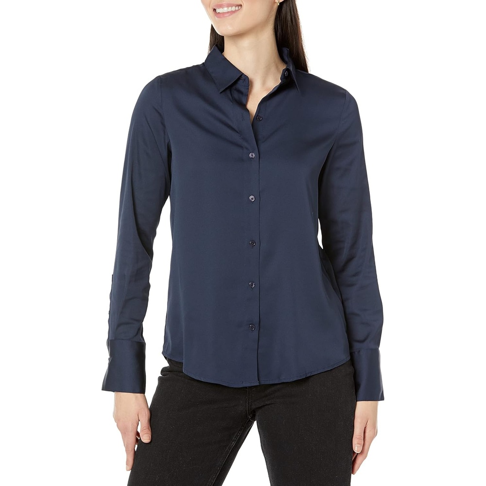 image:imageAmazon Essentials Womens RegularFit Long Sleeve Satin Button Down Blouse Dressy Collared ShirtNavy