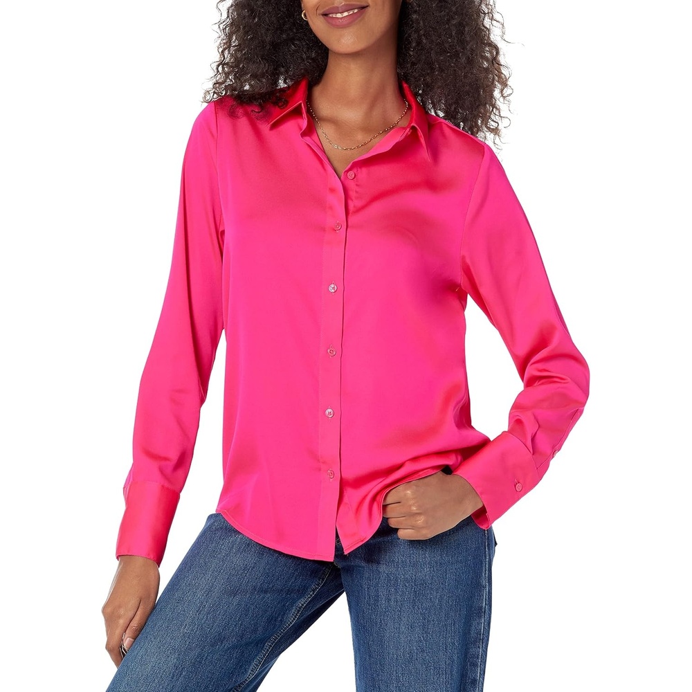image:imageAmazon Essentials Womens RegularFit Long Sleeve Satin Button Down Blouse Dressy Collared ShirtNeon Pink
