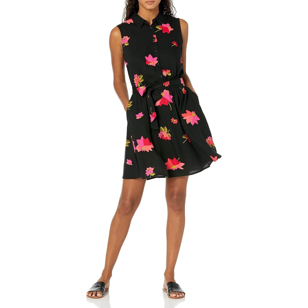 image:imageAmazon Essentials Womens Sleeveless Summer Shirtdress RelaxedFit Woven Lightweight Dress Knee LengthPink and Black Floral