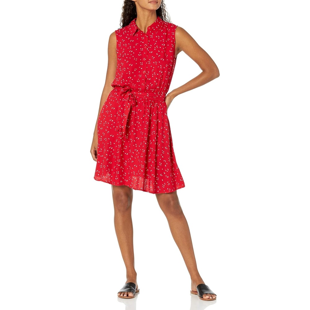 image:imageAmazon Essentials Womens Sleeveless Summer Shirtdress RelaxedFit Woven Lightweight Dress Knee LengthRed Leaf
