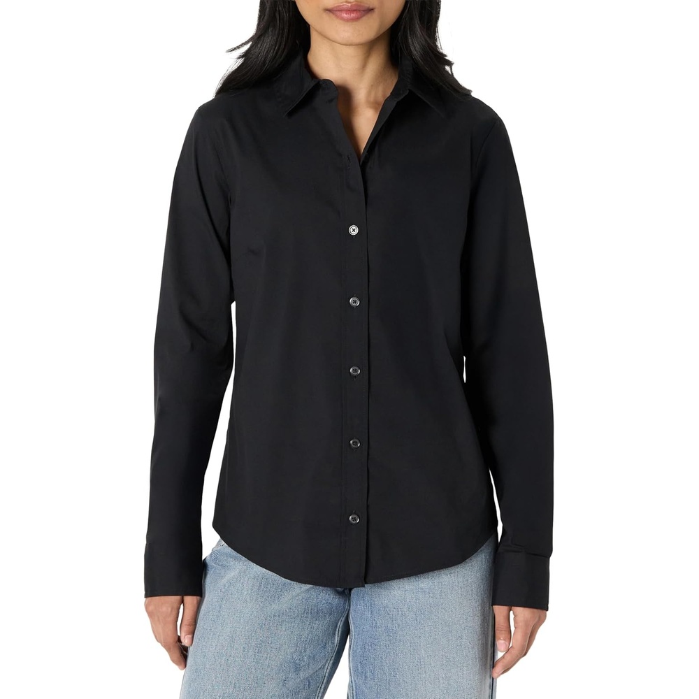image:imageAmazon Essentials Womens Stretch Poplin ButtonUp Dress ShirtBlack