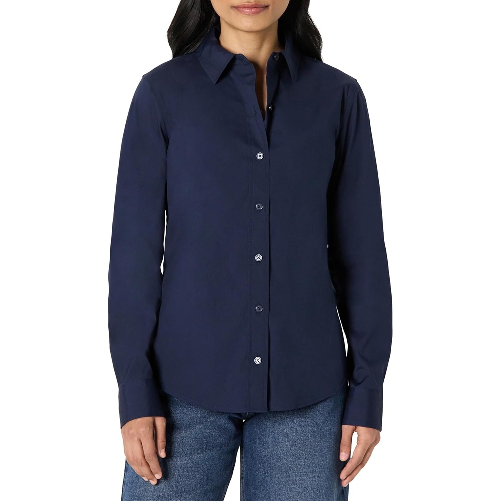 image:imageAmazon Essentials Womens Stretch Poplin ButtonUp Dress ShirtNavy