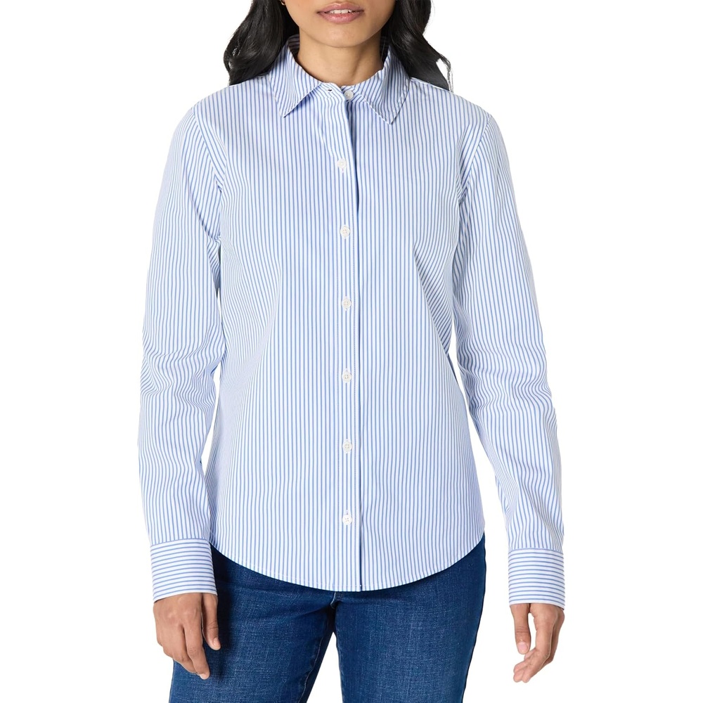image:imageAmazon Essentials Womens Stretch Poplin ButtonUp Dress ShirtWhite Blue Mini Stripe
