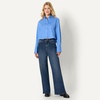 Amazon Essentials Women’s Oversized-Fit Cropped Cotton Stretch Poplin Button-Down Shirt(Blue)