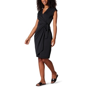 Amazon Essentials Women’s Classic Cap Sleeve Wrap Dress with V Neck, Pleated Waist (Available in Plus Size)(Black)
