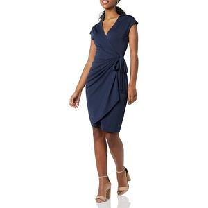 Amazon Essentials Women’s Classic Cap Sleeve Wrap Dress with V Neck, Pleated Waist (Available in Plus Size)(Navy)